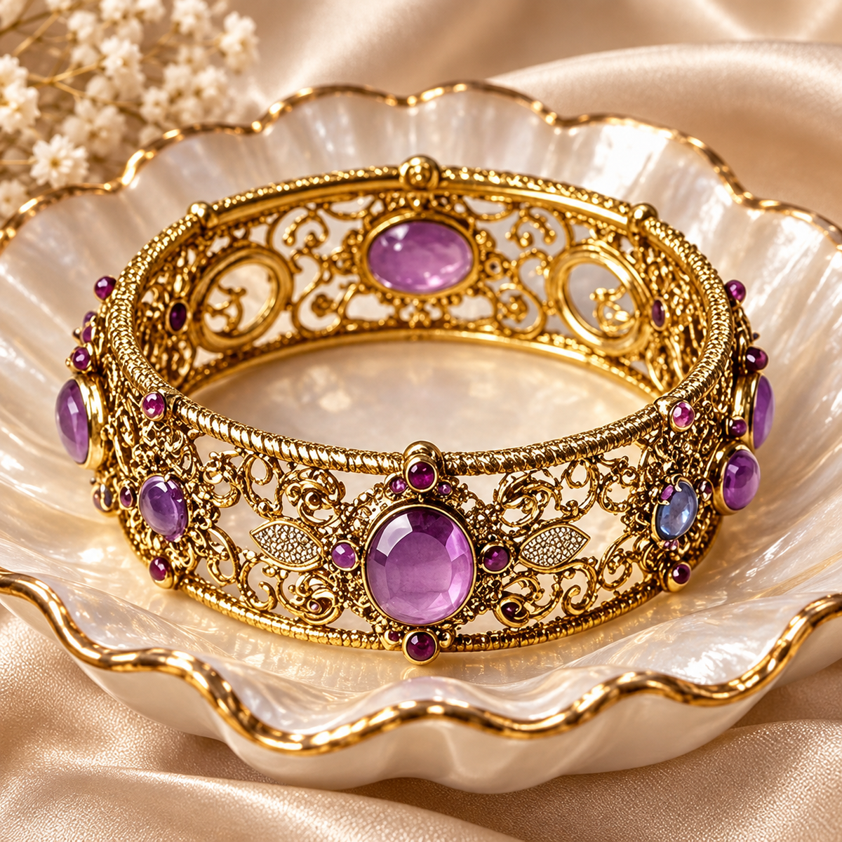 Livenzio® Vintage Purple Crystal Filigree Bangle Bracelet