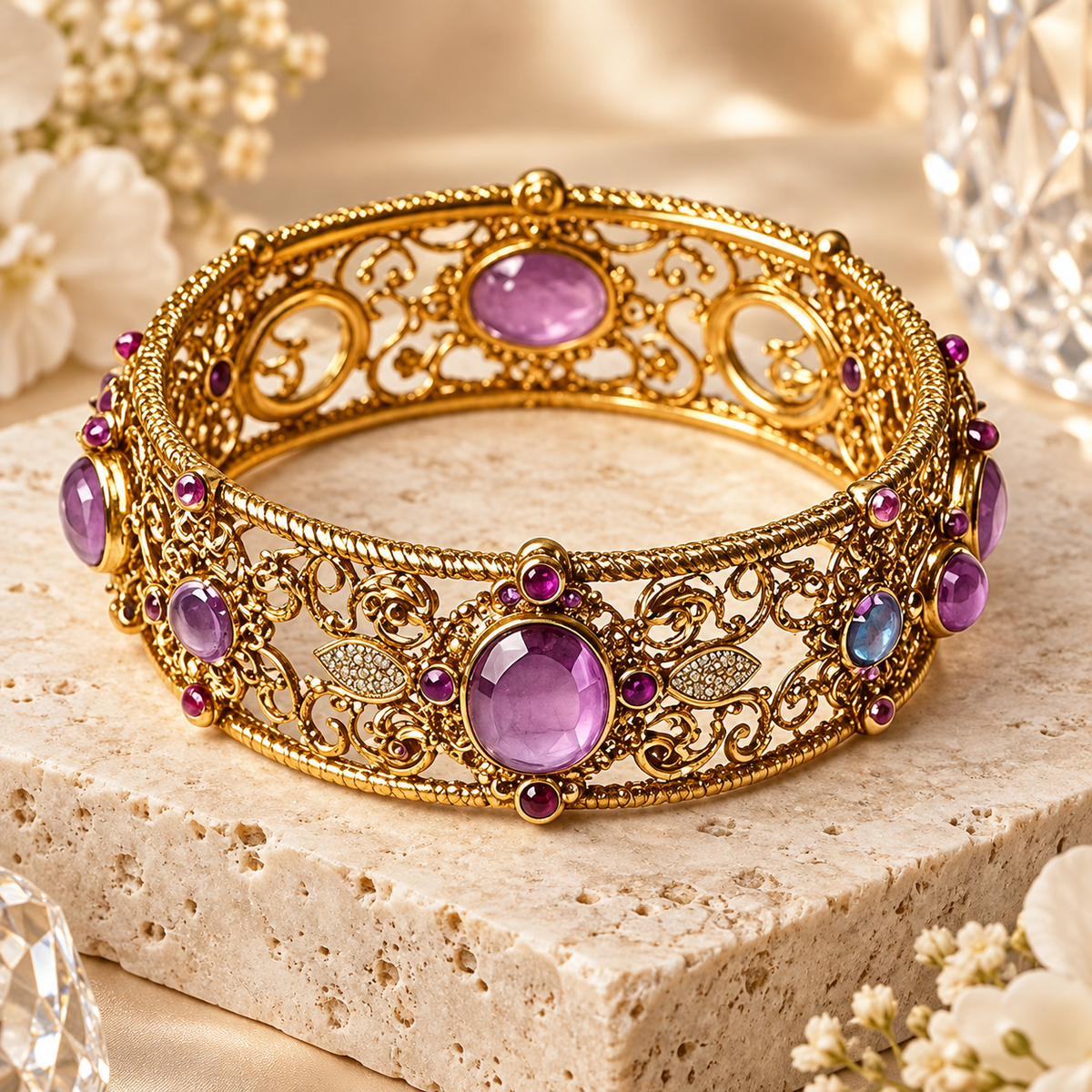 Livenzio® Vintage Purple Crystal Filigree Bangle Bracelet